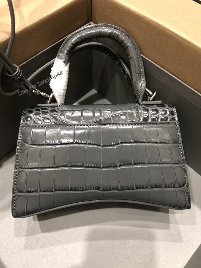 Balenciaga專櫃爆款小號手提女包 巴黎世家鱷魚深灰銀扣Hourglass沙漏包 fyj1625